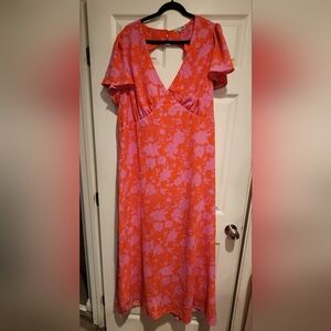 Fashion Nova Ruched Orange and Pink Midi Sundress